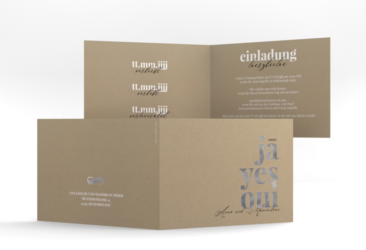 Hochzeitseinladung Oui A6 Klappkarte quer Kraftpapier silber mit Ja-Wort in verschiedenen Sprachen