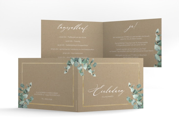 Hochzeitseinladung Eucalypt A6 Klappkarte quer Kraftpapier gold mit Eukalyptus und edlem Rahmen