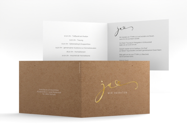 Hochzeitseinladung Jawort A6 Klappkarte quer Kraftpapier gold modern minimalistisch mit veredelter Aufschrift