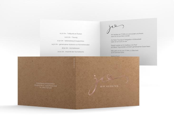 Hochzeitseinladung Jawort A6 Klappkarte quer Kraftpapier rosegold modern minimalistisch mit veredelter Aufschrift