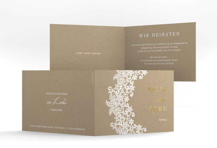 Hochzeitseinladung Mariage A6 Klappkarte quer Kraftpapier gold mit Bogen aus weißer Spitze