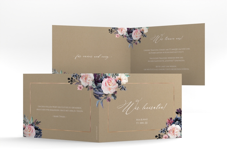 Hochzeitseinladung Abendlicht A6 Klappkarte quer Kraftpapier rosegold