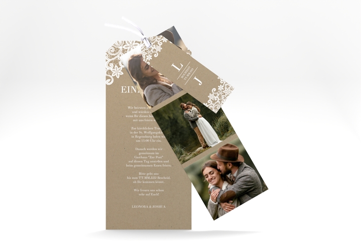 Hochzeitseinladung Bella Kartentrio Kraftpapier hochglanz mit weißer Brautspitze um Initialen