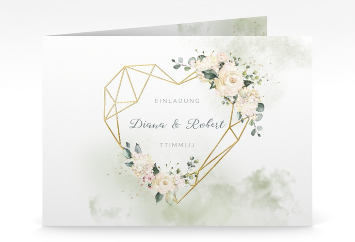 Hochzeitseinladung Adore mittlere Klappkarte quer gold mit geometrischem Herz und Rosen in Pastell