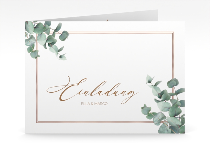 Hochzeitseinladung Eucalypt mittlere Klappkarte quer rosegold mit Eukalyptus und edlem Rahmen