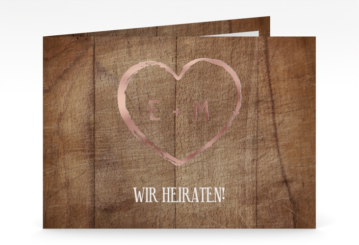 Hochzeitseinladung Wood mittlere Klappkarte quer rosegold