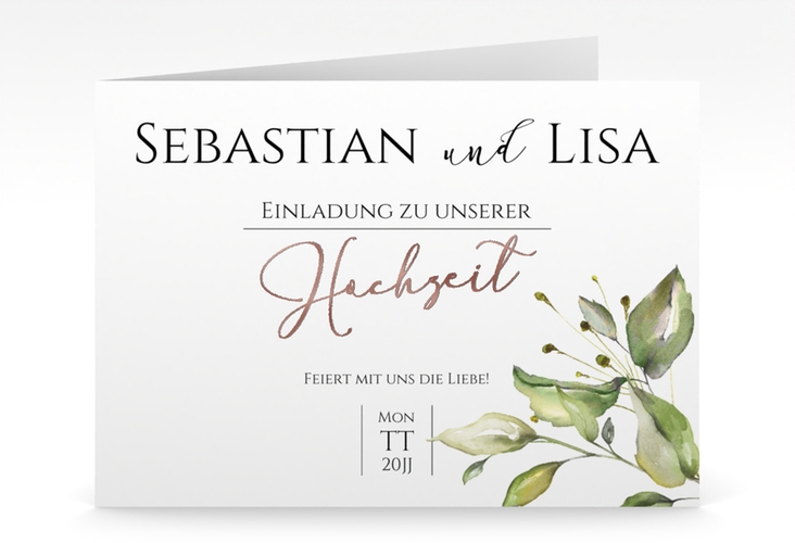 Hochzeitseinladung Leaves mittlere Klappkarte quer rosegold