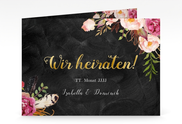 Hochzeitseinladung Flowers mittlere Klappkarte quer gold mit bunten Aquarell-Blumen