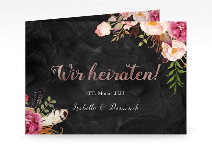 Hochzeitseinladung Flowers mittlere Klappkarte quer rosegold mit bunten Aquarell-Blumen