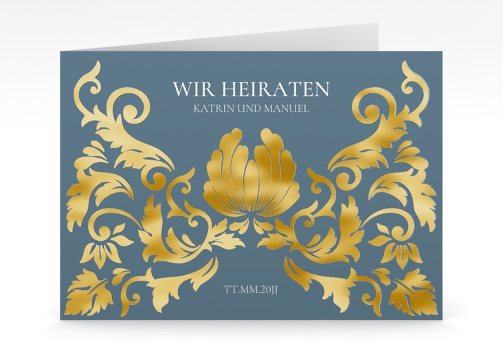 Hochzeitseinladung Royal mittlere Klappkarte quer gold mit barockem Blumen-Ornament