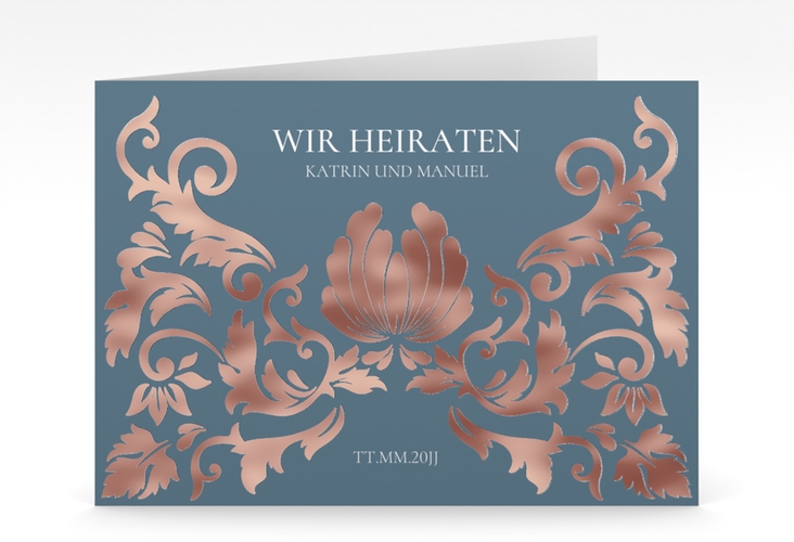 Hochzeitseinladung Royal mittlere Klappkarte quer rosegold mit barockem Blumen-Ornament