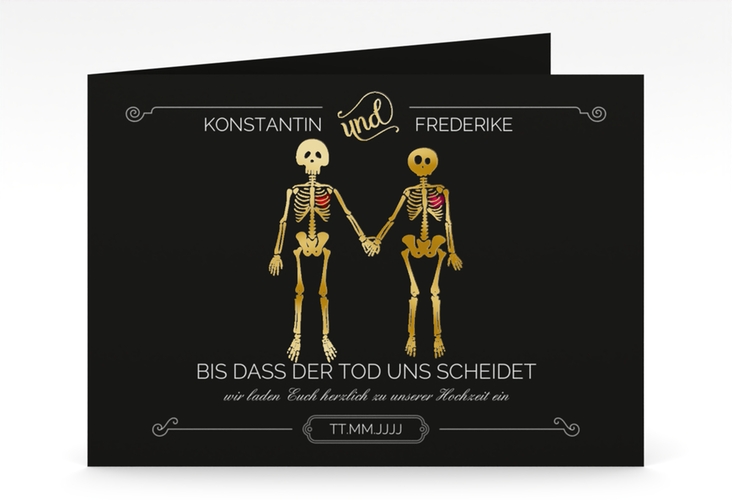 Hochzeitseinladung Bones mittlere Klappkarte quer gold