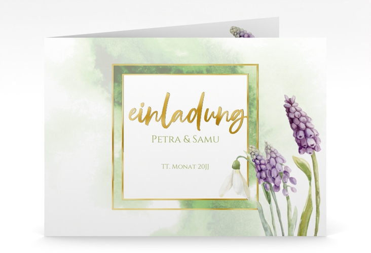 Hochzeitseinladung Frühling mittlere Klappkarte quer gold mit Frühlingsblumen in Aquarell