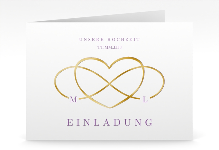 Hochzeitseinladung Infinity mittlere Klappkarte quer lila gold