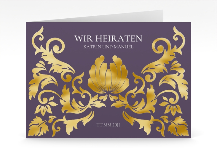 Hochzeitseinladung Royal mittlere Klappkarte quer lila gold mit barockem Blumen-Ornament