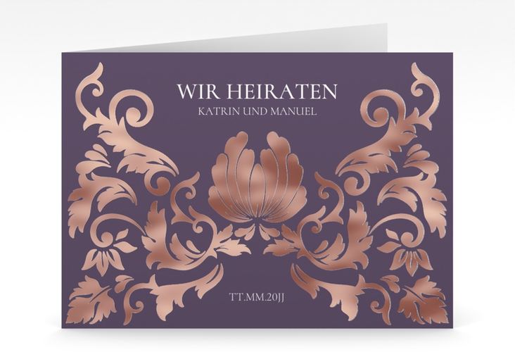 Hochzeitseinladung Royal mittlere Klappkarte quer lila rosegold mit barockem Blumen-Ornament