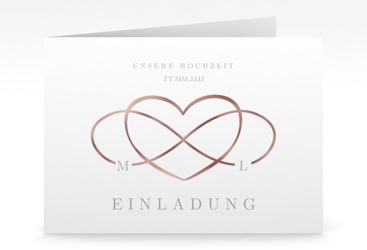 Hochzeitseinladung Infinity mittlere Klappkarte quer grau rosegold