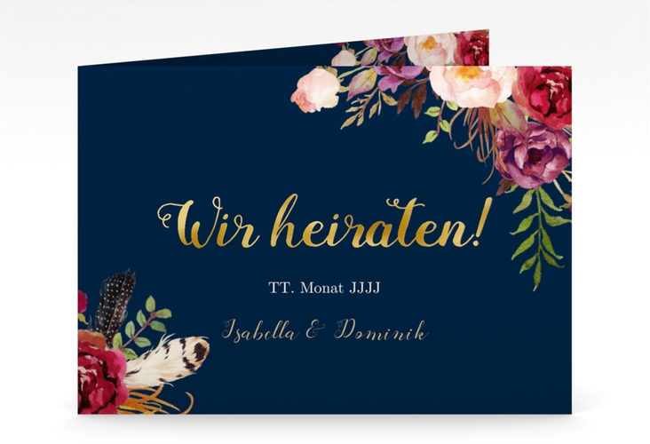 Hochzeitseinladung Flowers mittlere Klappkarte quer blau gold mit bunten Aquarell-Blumen