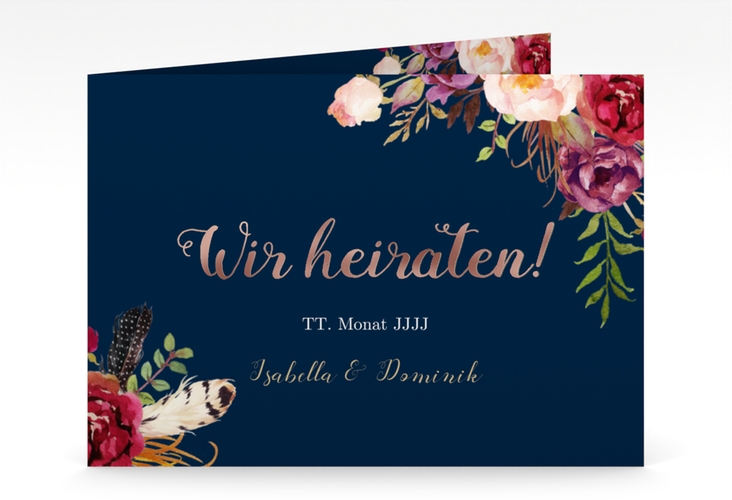 Hochzeitseinladung Flowers mittlere Klappkarte quer blau rosegold mit bunten Aquarell-Blumen