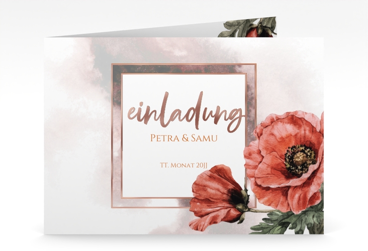 Hochzeitseinladung Sommer mittlere Klappkarte quer rot rosegold mit Mohnblumen-Aquarell