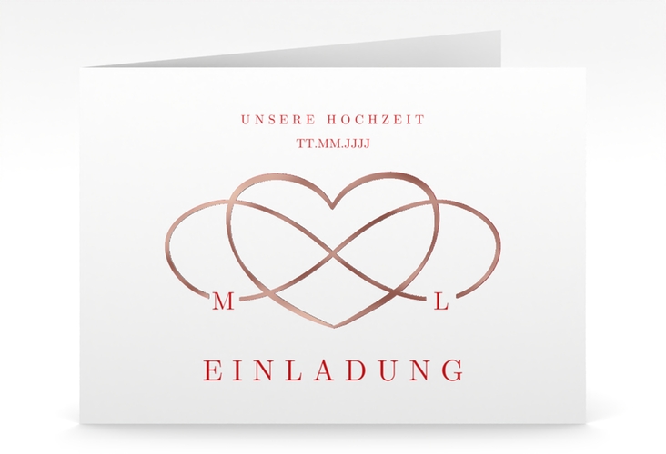 Hochzeitseinladung Infinity mittlere Klappkarte quer rot rosegold