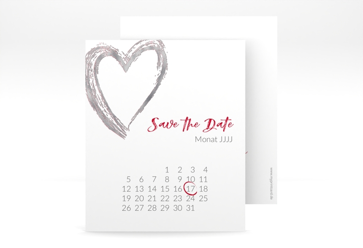 Save the Date-Kalenderblatt Liebe Kalenderblatt-Karte rot silber