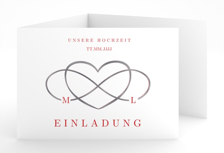 Hochzeitseinladung Infinity A6 Doppel-Klappkarte rot silber