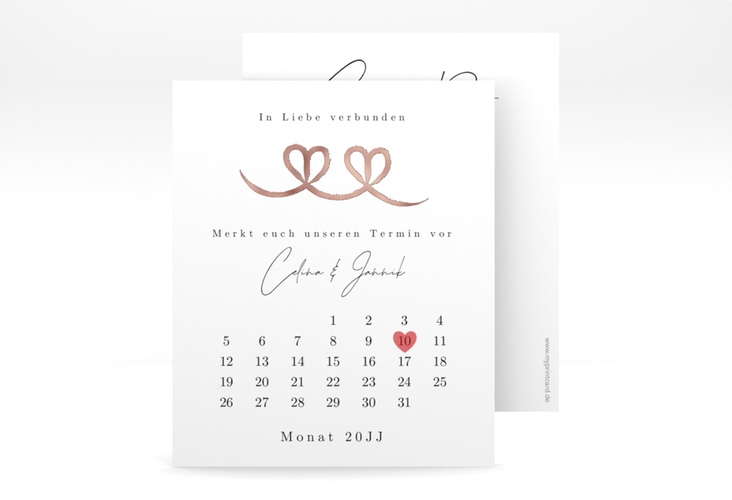 Save the Date-Kalenderblatt Doppelherz Schleife Kalenderblatt-Karte rot rosegold mit Folie