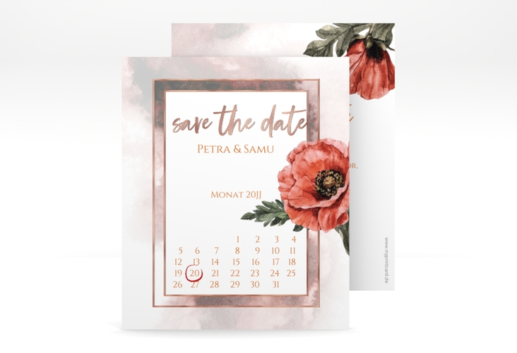 Save the Date-Kalenderblatt Sommer Kalenderblatt-Karte rot rosegold mit Mohnblumen-Aquarell