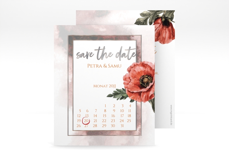 Save the Date-Kalenderblatt Sommer Kalenderblatt-Karte rot silber mit Mohnblumen-Aquarell