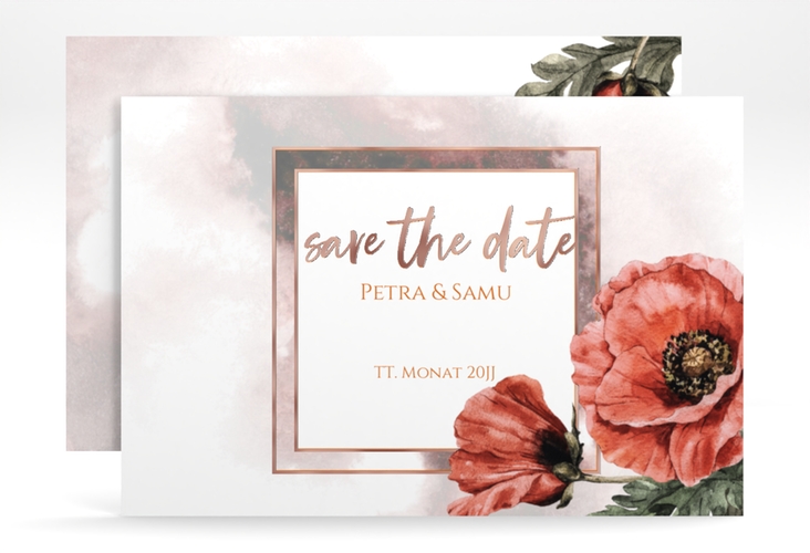 Save the Date-Karte Sommer A6 Karte quer rot rosegold mit Mohnblumen-Aquarell