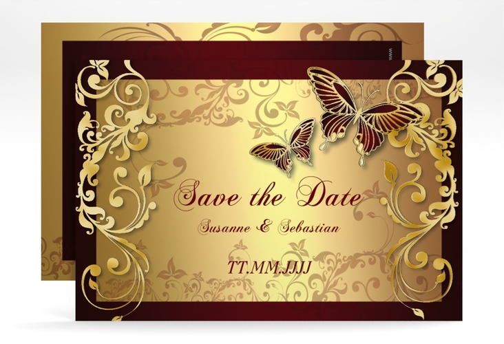 Save the Date-Karte Hochzeit Toulouse A6 Karte quer rot gold romantisch mit Schmetterlingen