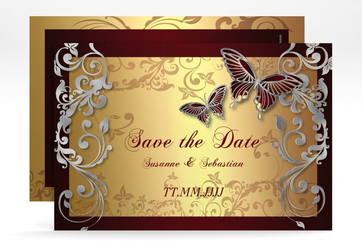 Save the Date-Karte Hochzeit Toulouse A6 Karte quer rot silber romantisch mit Schmetterlingen