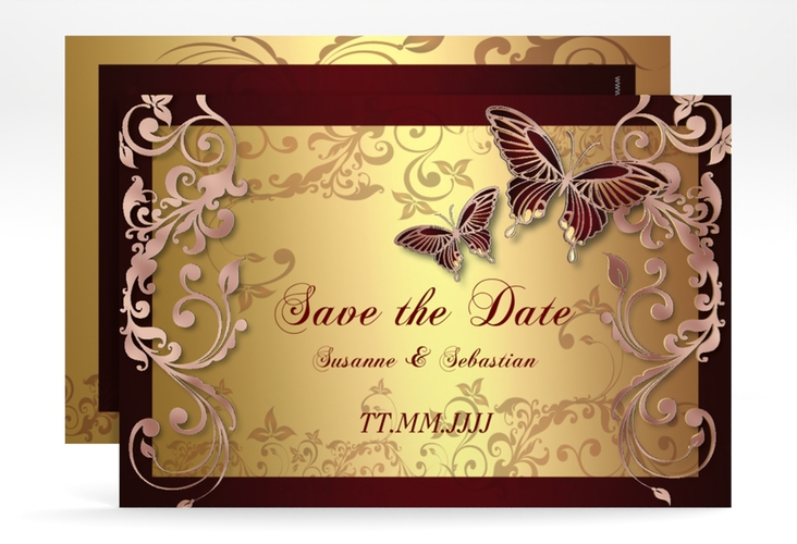 Save the Date-Karte Hochzeit Toulouse A6 Karte quer rot rosegold romantisch mit Schmetterlingen