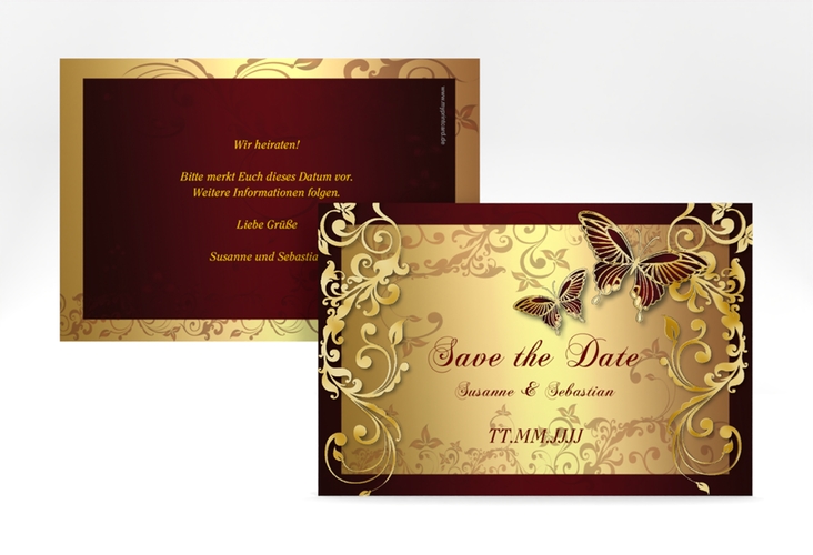 Save the Date-Karte Hochzeit Toulouse A6 Karte quer rot gold romantisch mit Schmetterlingen