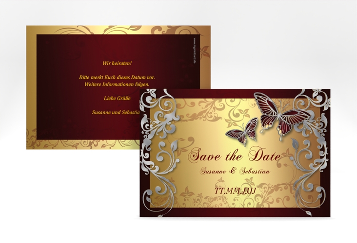 Save the Date-Karte Hochzeit Toulouse A6 Karte quer rot silber romantisch mit Schmetterlingen