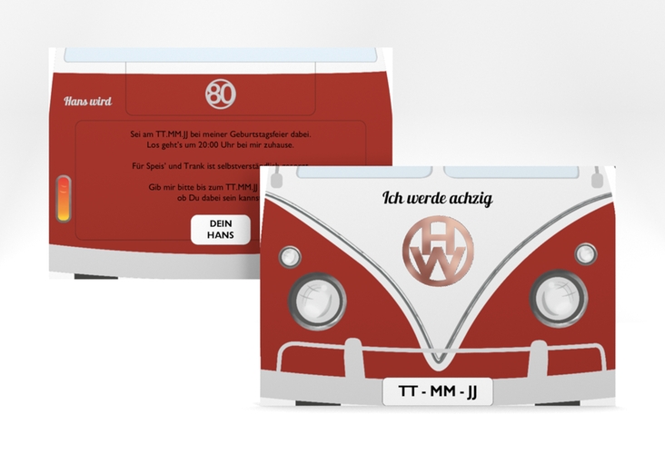 Einladung 80. Geburtstag Bulli Bus A6 Karte quer rot rosegold