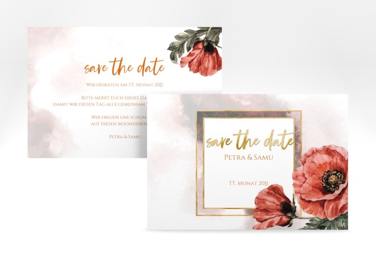 Save the Date-Karte Sommer A6 Karte quer rot gold mit Mohnblumen-Aquarell