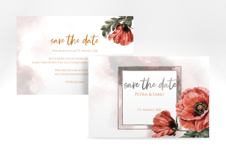 Save the Date-Karte Sommer A6 Karte quer rot silber mit Mohnblumen-Aquarell