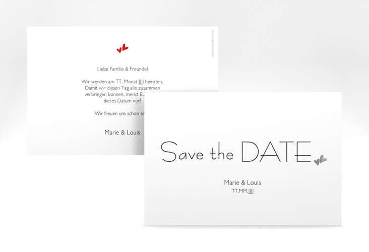 Save the Date-Karte Hochzeit Twohearts A6 Karte quer rot silber