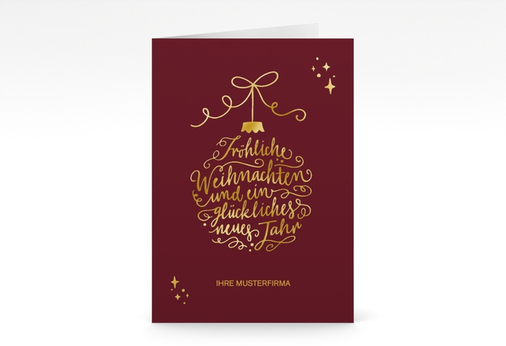 Business-Weihnachtskarte Lichterglanz A6 Klappkarte hoch rot gold für Firmen, mit Weihnachtskugel-Kalligrafie