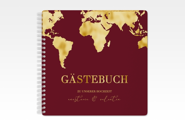 Gästebuch Hochzeit Traumziel Ringbindung rot gold im Reisepass-Design