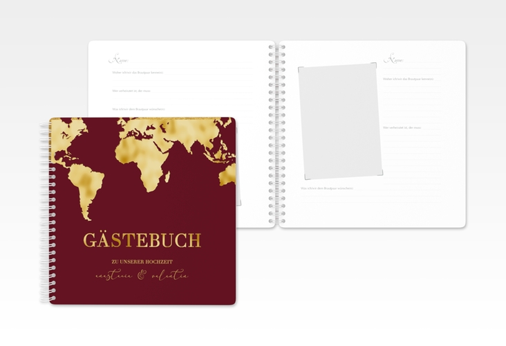 Gästebuch Hochzeit Traumziel Ringbindung rot gold im Reisepass-Design