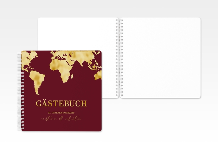 Gästebuch Hochzeit Traumziel Ringbindung rot gold im Reisepass-Design