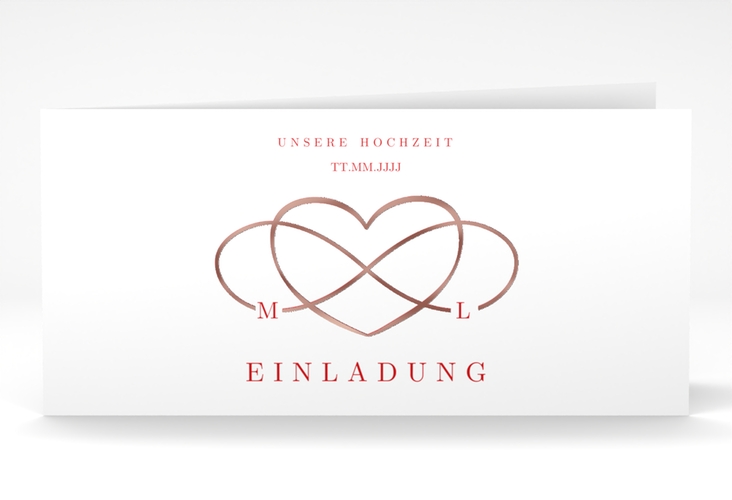 Hochzeitseinladung Infinity lange Klappkarte quer rot rosegold