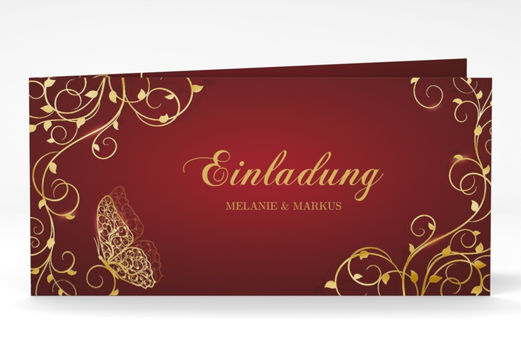 Hochzeitseinladung Eternity lange Klappkarte quer rot gold