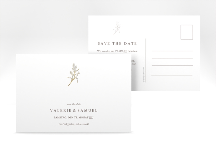 Save the Date-Postkarte Ivy A6 Postkarte gold minimalistisch mit kleiner botanischer Illustration