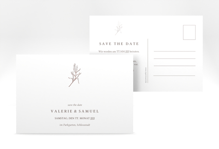 Save the Date-Postkarte Ivy A6 Postkarte rosegold minimalistisch mit kleiner botanischer Illustration