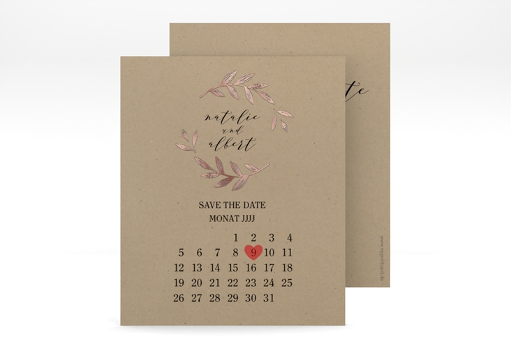 Save the Date-Kalenderblatt Naturelove Kalenderblatt-Karte rosegold in Kraftpapier-Optik mit Blätterkranz