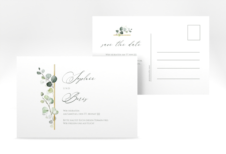 Save the Date-Postkarte Adelya A6 Postkarte gold elegant mit Eukalyptus-Motiv